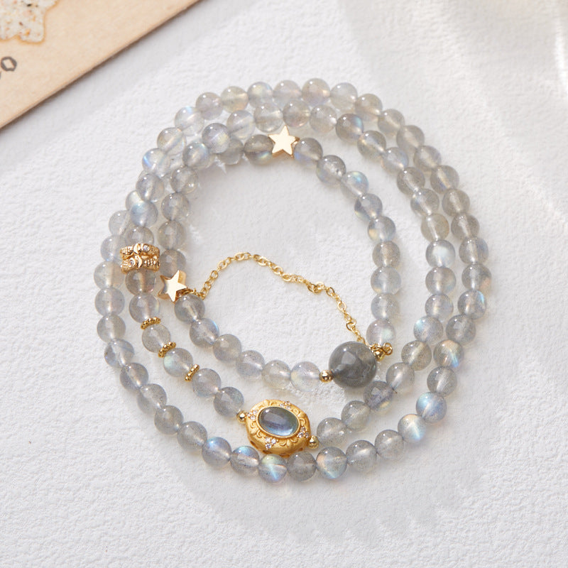 Natural Moonstone Crystal S925 Silver Sea Blue Treasure Exotic Fairy Three-Ring Bracelet