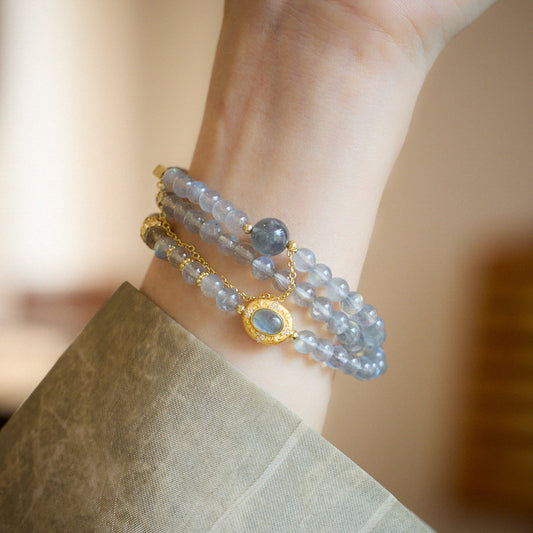 Natural Moonstone Crystal S925 Silver Sea Blue Treasure Exotic Fairy Three-Ring Bracelet