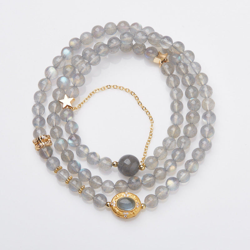 Natural Moonstone Crystal S925 Silver Sea Blue Treasure Exotic Fairy Three-Ring Bracelet